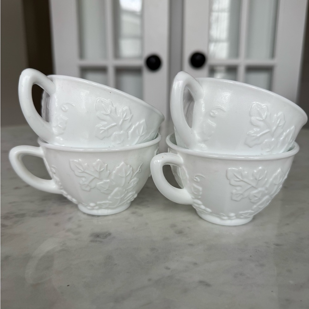 Vintage Indiana Glass Colony Harvest White Milk Glass Teacup and Saucer Set of 4